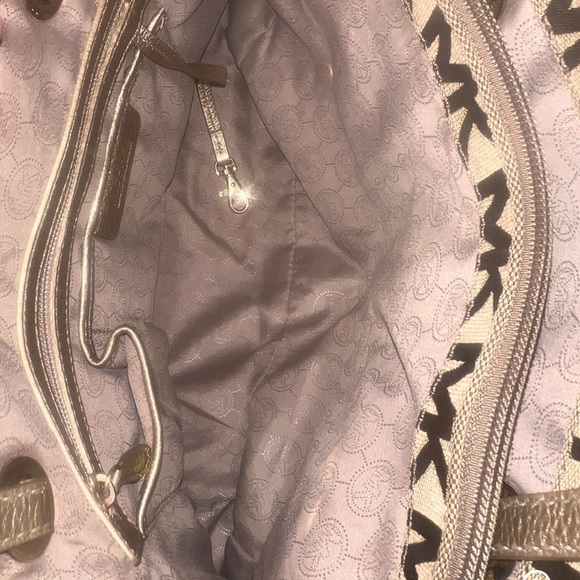 EUC Michael Kors Tan Brown Monogram Canvas Tote Handbag Gold Metallic Leather - Picture 10 of 12